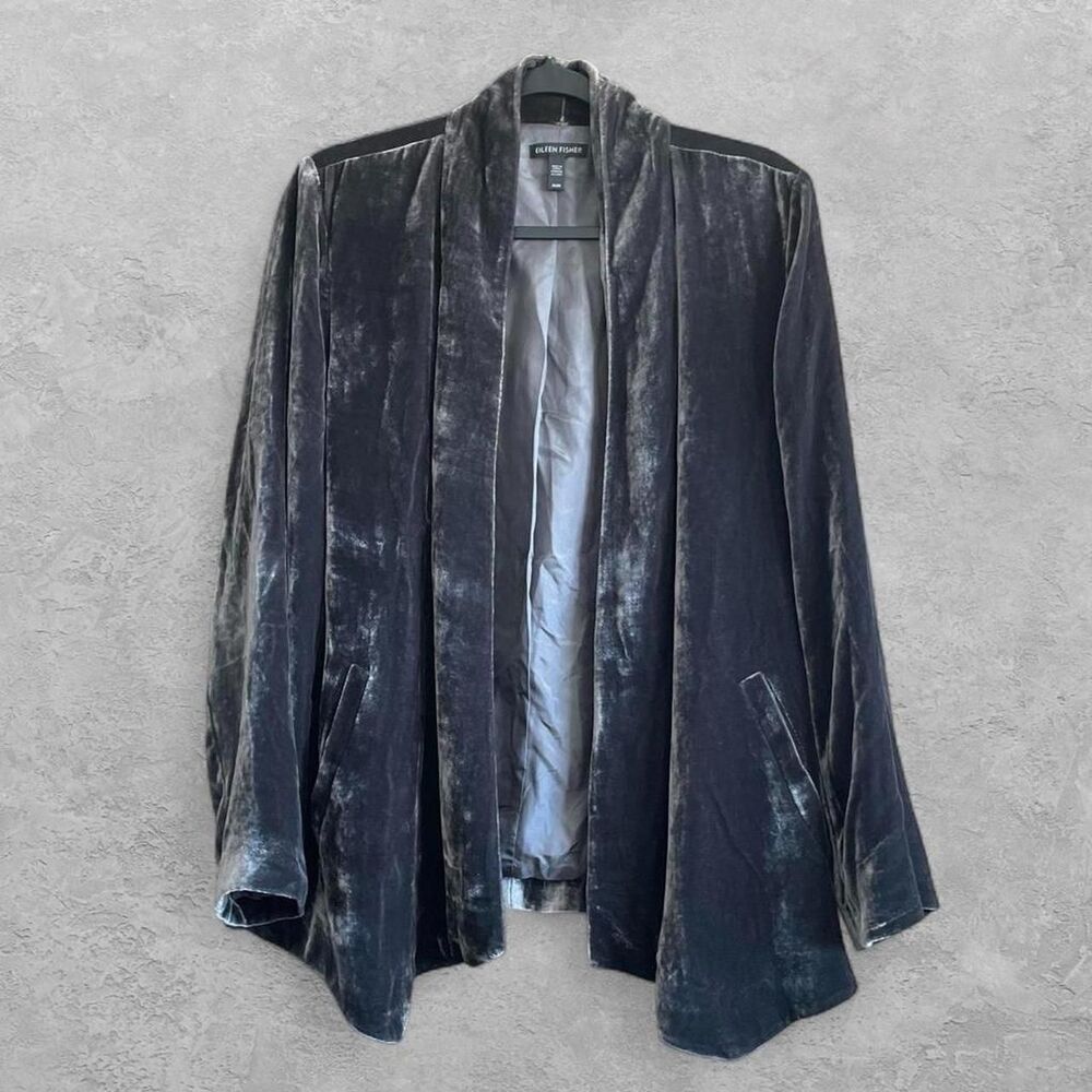 Eileen Fisher Velvet Open Front Jacket M Charcoal Quiet Luxury Minimalist